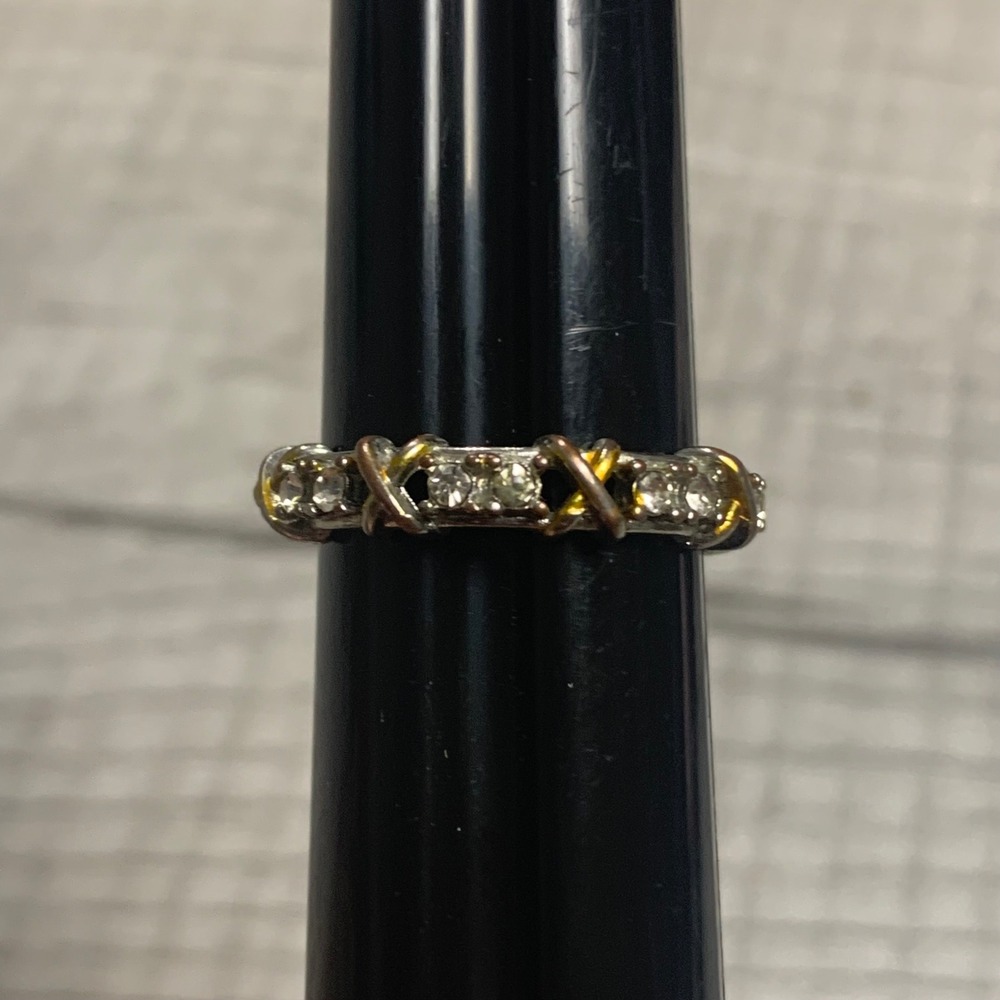 Two Tone Crystal X Eternity Band Ring Silver Gold Tone Size 8.5